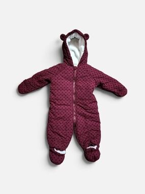 First Impressions Hooded Flocked Hearts Footed Snowsuit in scarlet wine